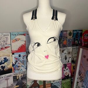 bebe Cream Graphic Face Tank with Black Straps and Pink Heart Accent